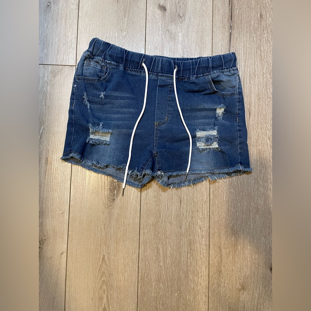 Boho Festival Casual Blue‎ Jean Shorts Large Raw Hem Distressed Pull-On Elastic